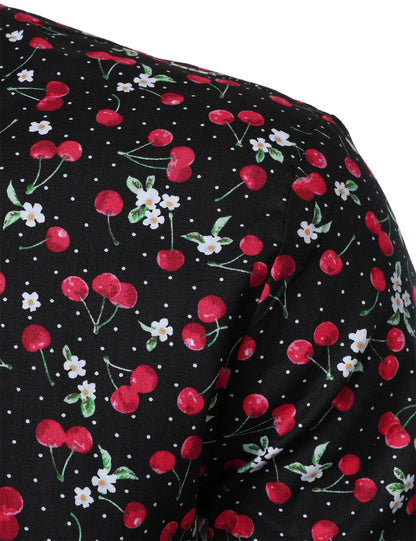 Men's Cherry Print Breathable Cotton Black Long Sleeve Shirt