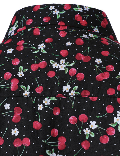 Men's Cherry Print Breathable Cotton Black Long Sleeve Shirt