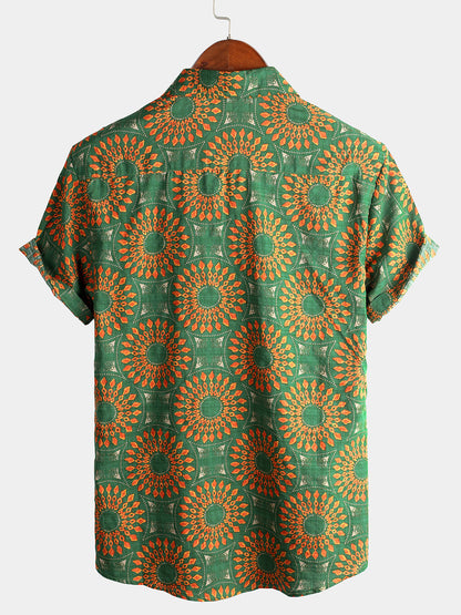Men's Cotton Vintage 70s Floral Retro Button Up Green Summer Beach Bohemian Boho Short Sleeve Shirt