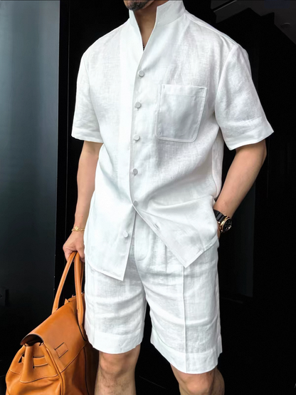 Men's Summer Linen Mandarin Collar Shirt & Shorts Set