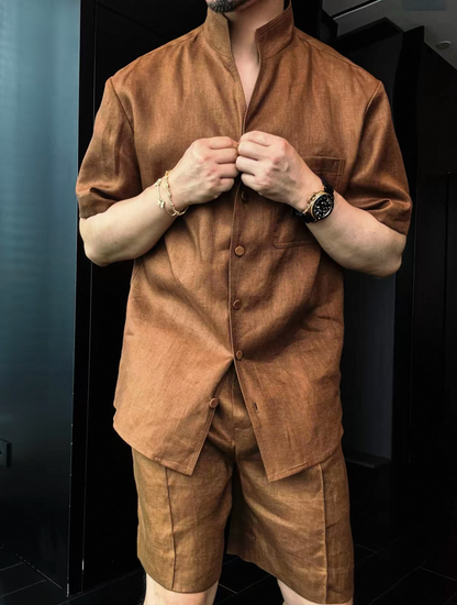 Men's Summer Linen Mandarin Collar Shirt & Shorts Set