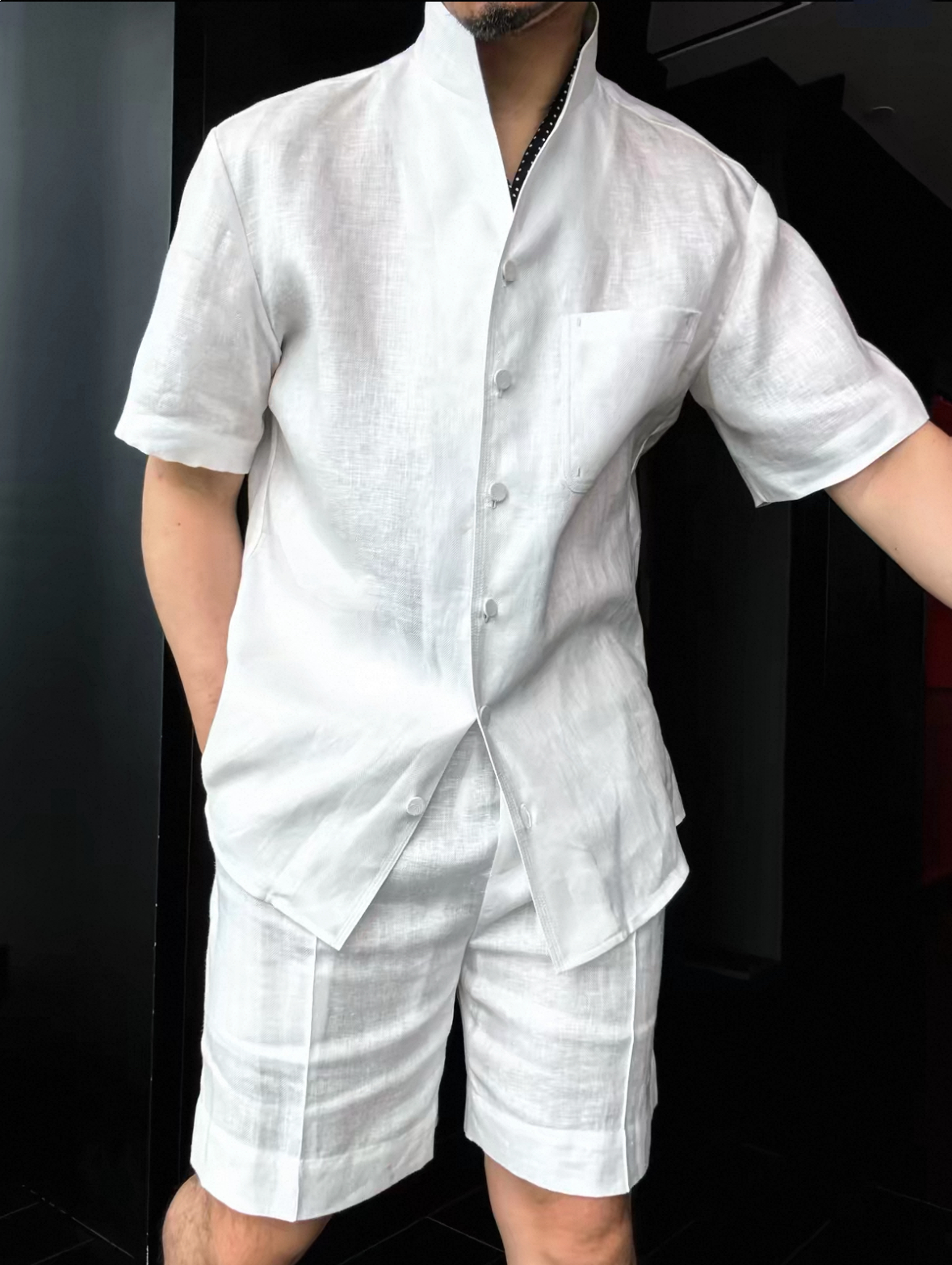Men's Summer Linen Mandarin Collar Shirt & Shorts Set
