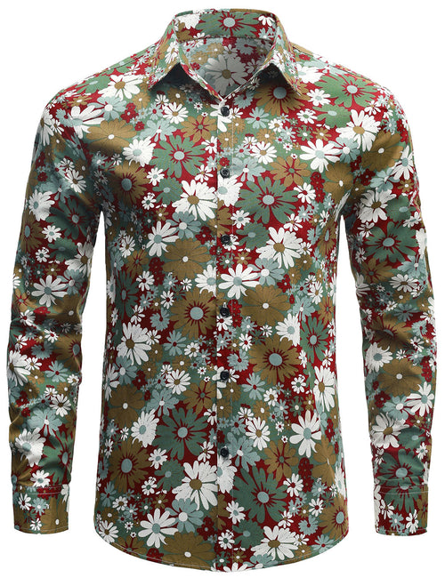Men's Khaki Floral Cotton Button Up Long Sleeve Shirt