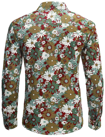 Men's Khaki Floral Cotton Button Up Long Sleeve Shirt