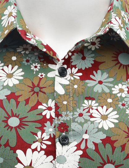 Men's Khaki Floral Cotton Button Up Long Sleeve Shirt