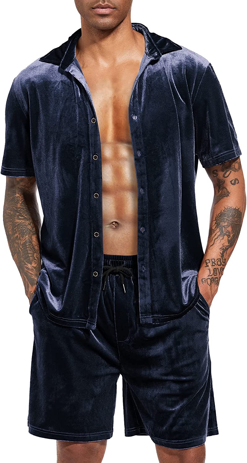 Men's Black Velour Short Sleeve Shirt & Shorts Set