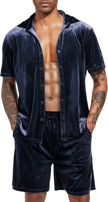 Men's Black Velour Short Sleeve Shirt & Shorts Set
