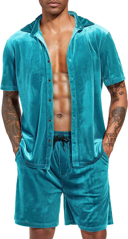 Men's Black Velour Short Sleeve Shirt & Shorts Set