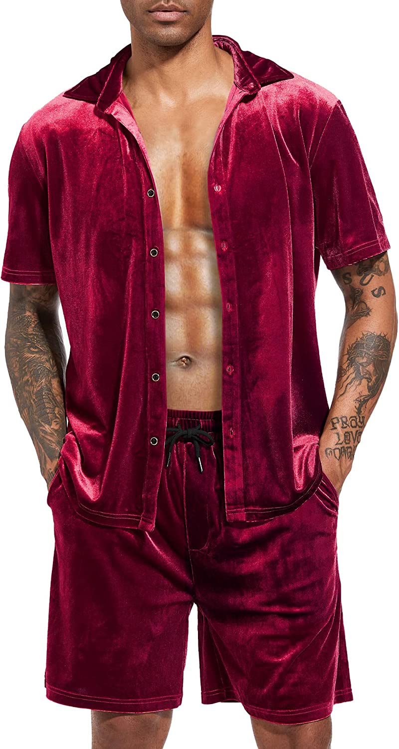 Men's Black Velour Short Sleeve Shirt & Shorts Set