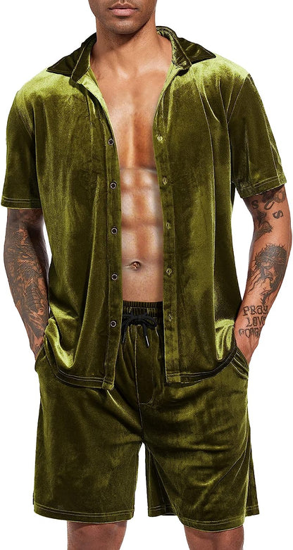 Men's Black Velour Short Sleeve Shirt & Shorts Set