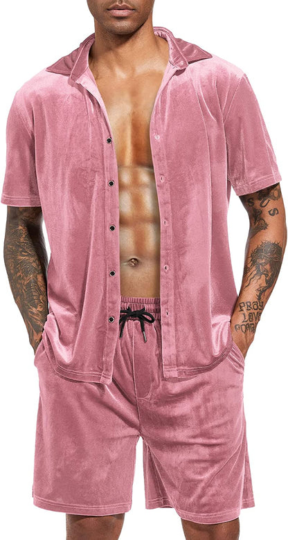 Men's Black Velour Short Sleeve Shirt & Shorts Set