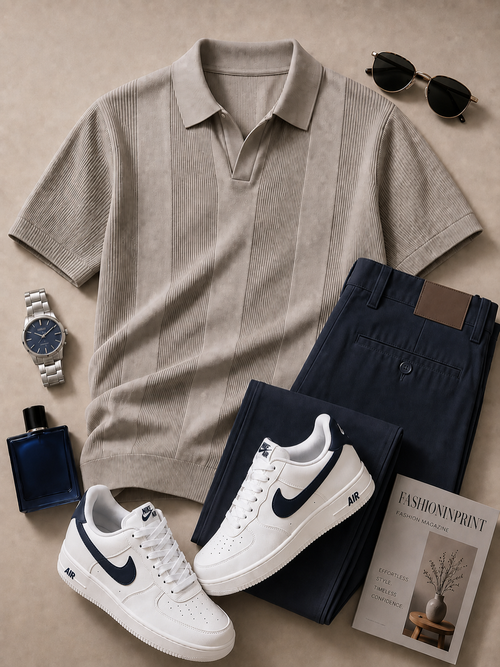 Men's Taupe Open Collar Ribbed Knit Polo & Navy Pants 2 Piece Set