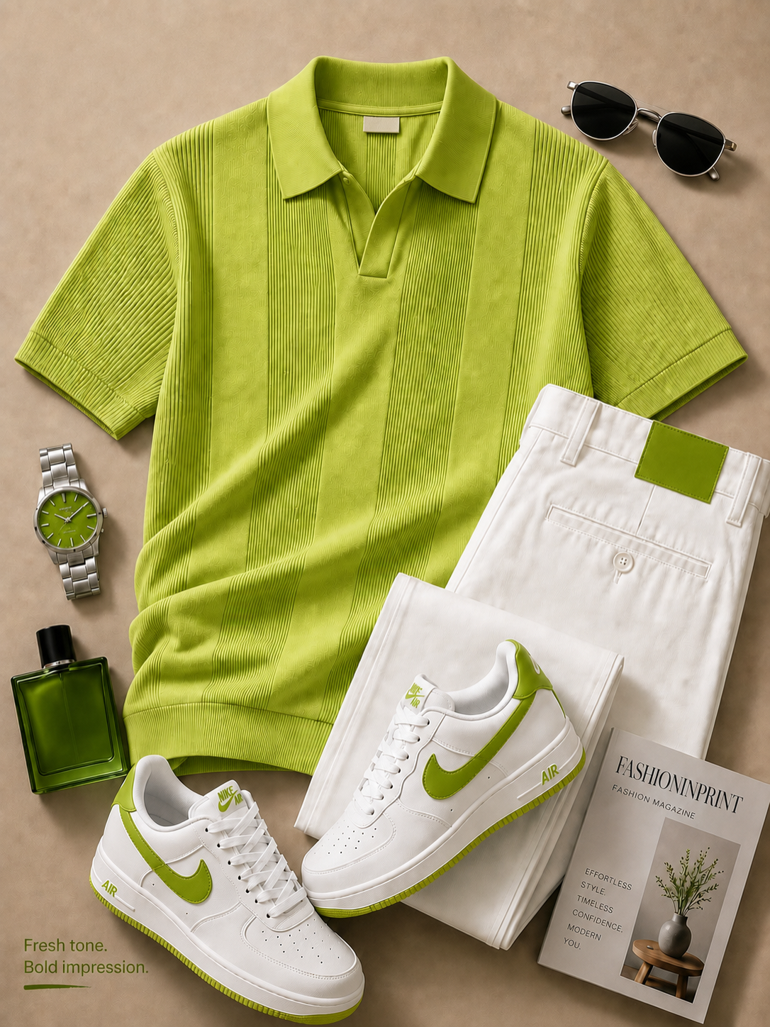 Men's Lime Green Open Collar Textured Knit Polo & White Pants 2 Piece Set