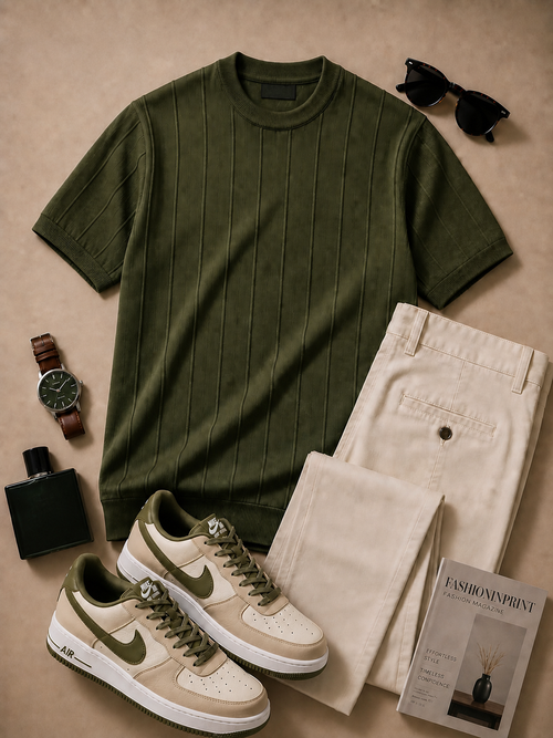 Men's Olive Ribbed Crew Neck Knit Top & Beige Pants 2 Piece Set