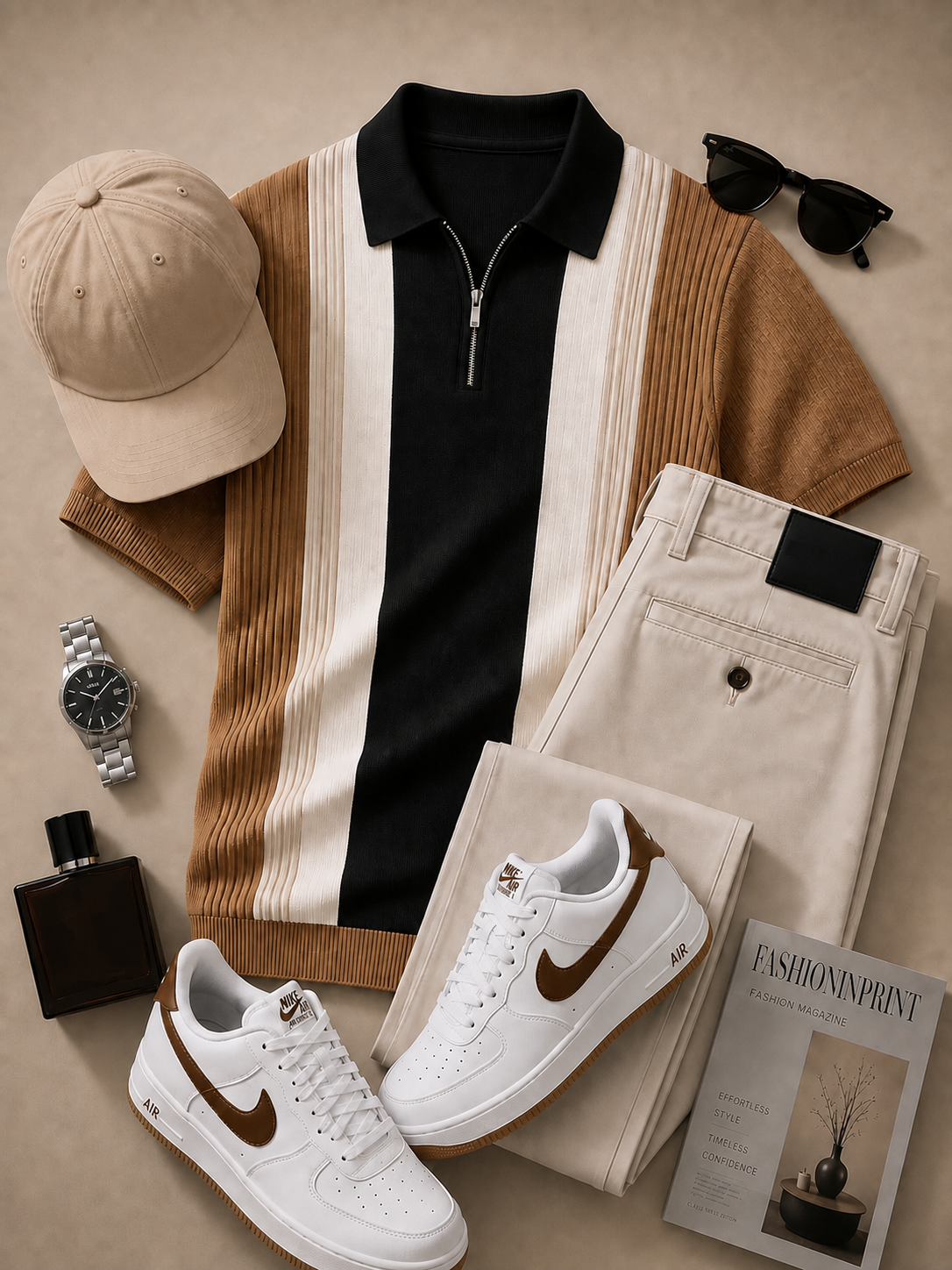 Men's Black Camel Quarter Zip Knit Polo & Beige Pants 2 Piece Set