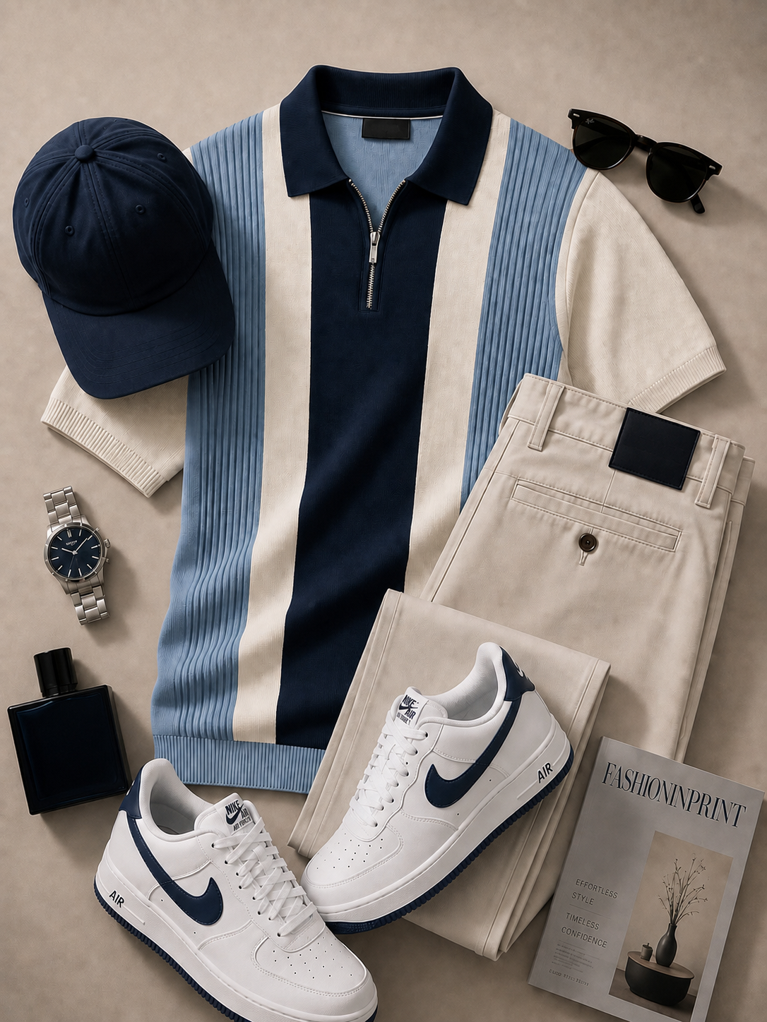 Men's Navy Light Blue Quarter Zip Knit Polo & Beige Pants 2 Piece Set