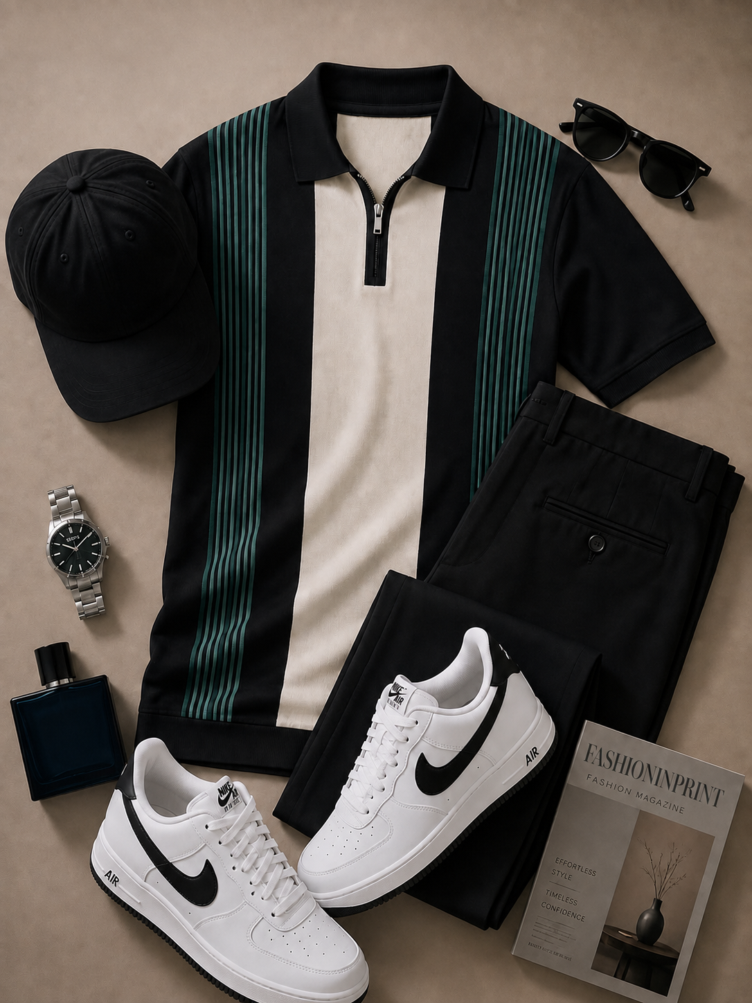 Men's Black Green Quarter Zip Knit Polo & Black Pants 2 Piece Set