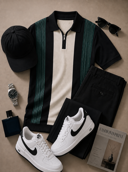 Men's Black Green Quarter Zip Knit Polo & Black Pants 2 Piece Set