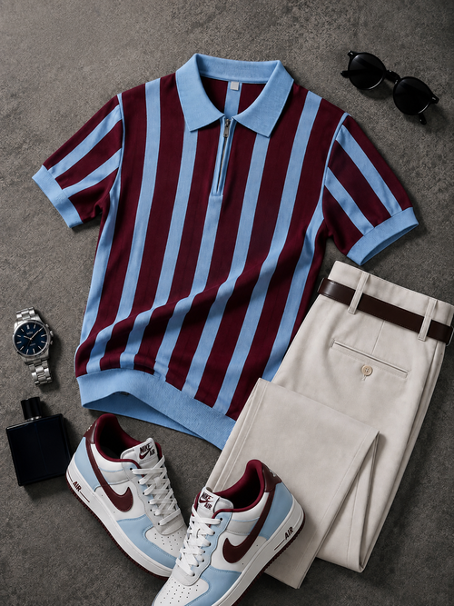 Men's Burgundy Light Blue Striped Knit Polo & Beige Pants 2 Piece Set