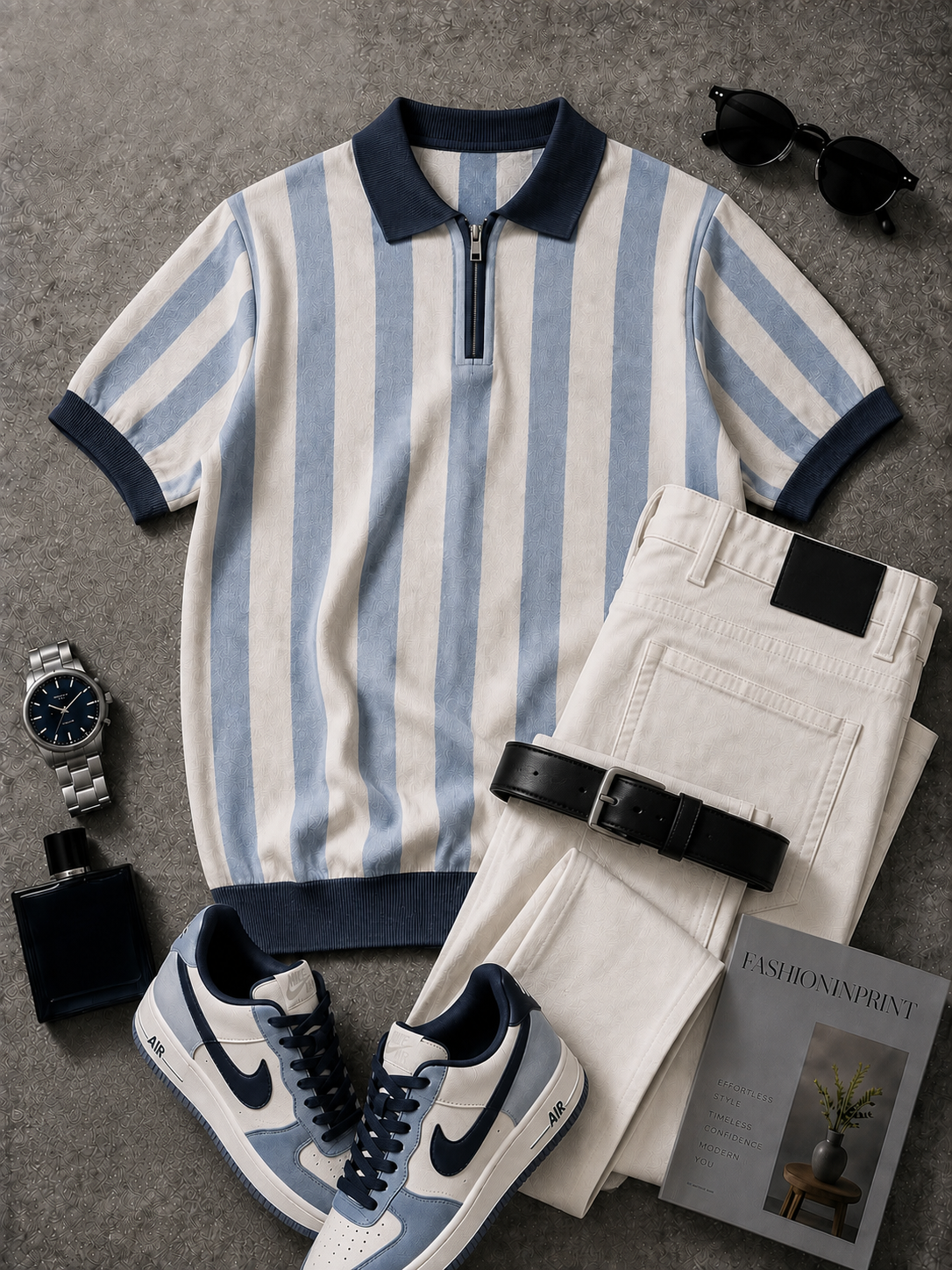 Men's Light Blue Cream Striped Quarter Zip Knit Polo & Beige Pants 2 Piece Set
