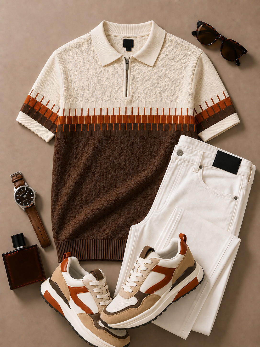 Men's Brown Cream Geometric Knit Polo & Ivory Pants 2 Piece Set