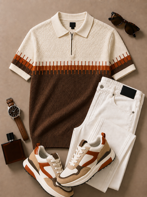 Men's Brown Cream Geometric Knit Polo & Ivory Pants 2 Piece Set