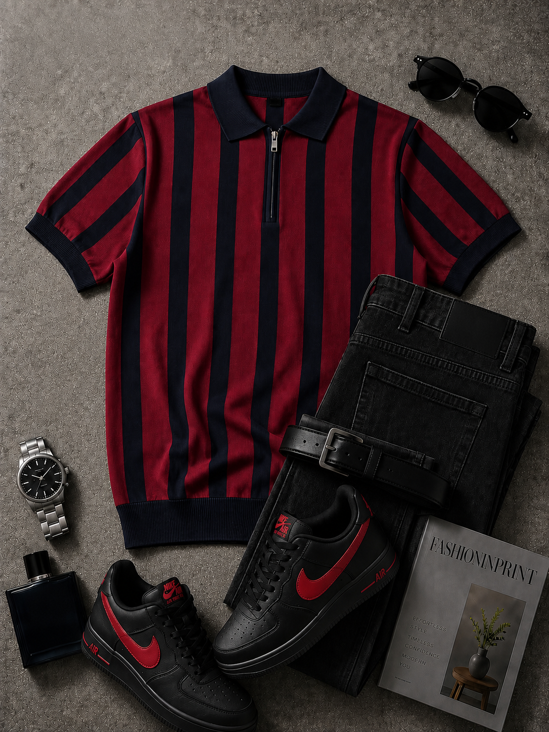 Men's Red Black Striped Quarter Zip Knit Polo & Black Pants 2 Piece Set