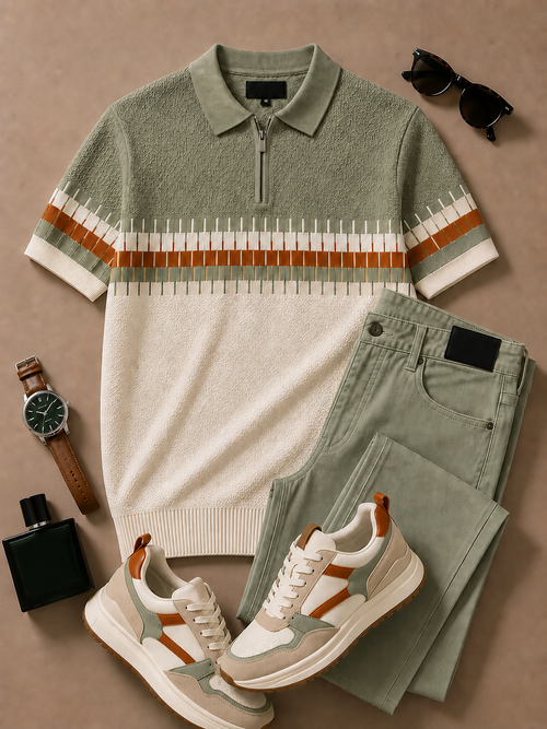 Men's Sage Cream Geometric Knit Polo & Sage Pants 2 Piece Set