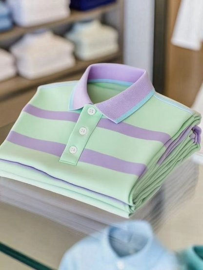 Men's Business Casual Color Block Stripe Button Short Sleeve Polo Shirt