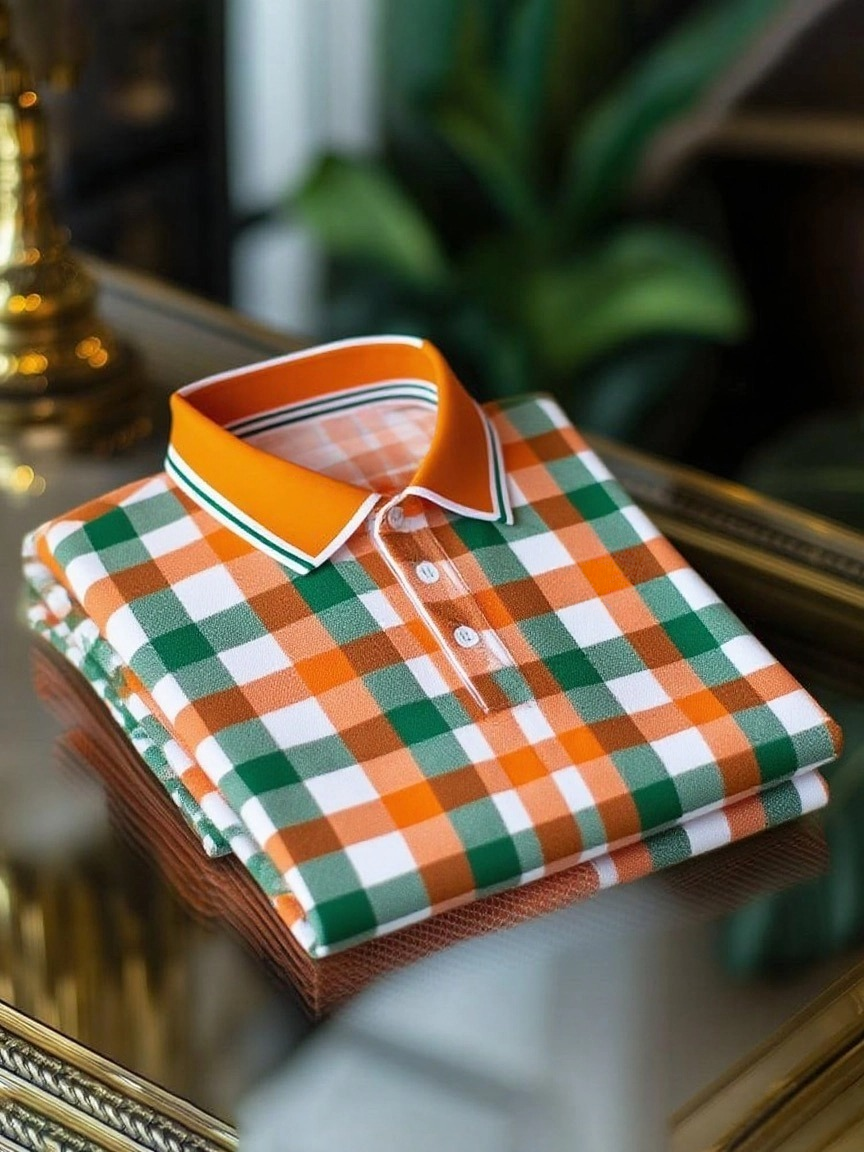 Men's Classic Business Check Logo Button Short Sleeve Polo Shirt