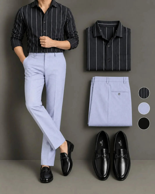 Men's Black Pinstripe Long Sleeve Button Down Shirt & Light Gray Trousers 2 Piece Set