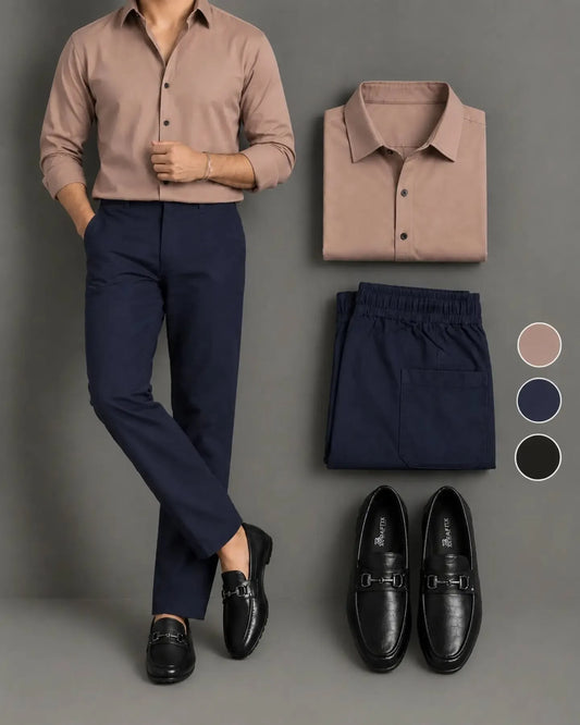 Men's Dusty Rose Long Sleeve Button Down Shirt & Navy Trousers 2 Piece Set