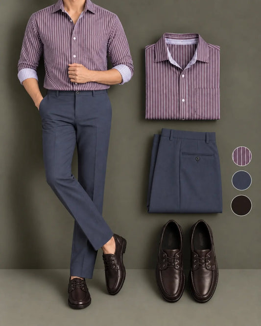 Men's Mauve Striped Long Sleeve Button Down Shirt & Charcoal Trousers 2 Piece Set