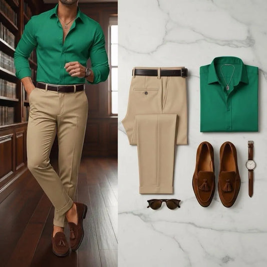 Men's Emerald Green Long Sleeve Button Down Shirt & Khaki Trousers 2 Piece Set