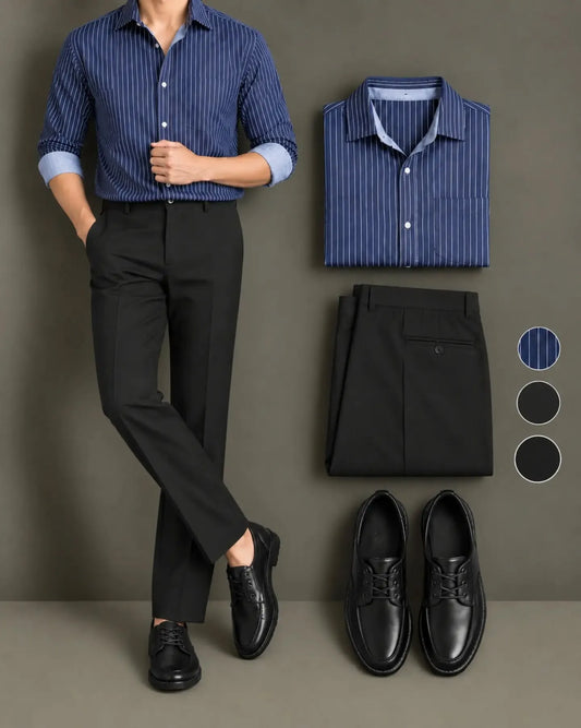 Men's Navy Blue Striped Long Sleeve Button Down Shirt & Black Trousers 2 Piece Set