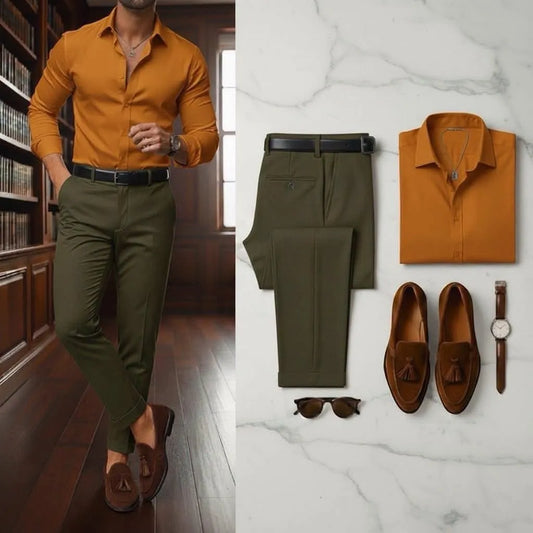Men's Burnt Orange Long Sleeve Button Down Shirt & Olive Green Trousers 2 Piece Set