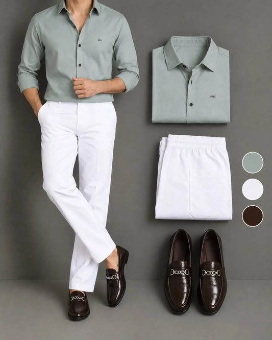 Men's Sage Green Long Sleeve Button Down Shirt & White Trousers 2 Piece Set