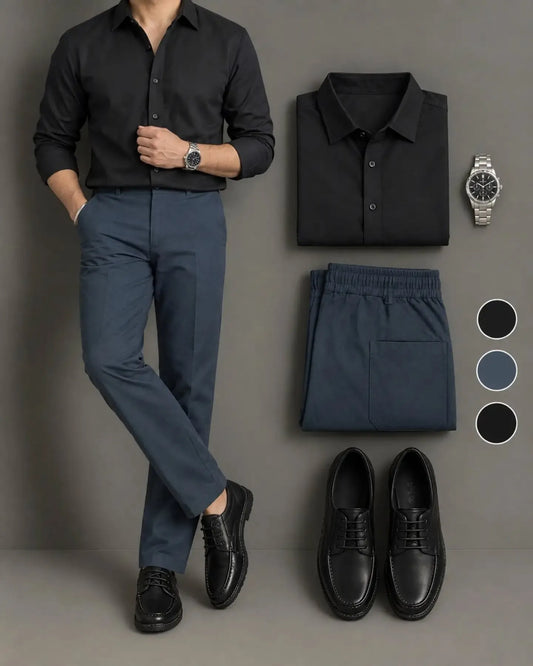 Men's Black Long Sleeve Button Down Shirt & Slate Blue Trousers 2 Piece Set