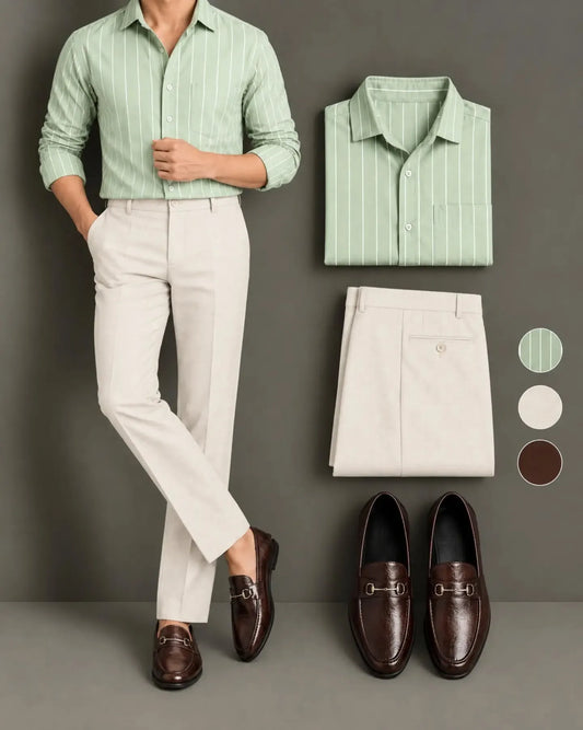 Men's Pale Green Striped Long Sleeve Button Down Shirt & Cream Trousers 2 Piece Set
