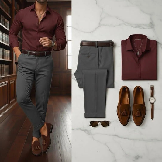 Men's Burgundy Long Sleeve Button Down Shirt & Charcoal Trousers 2 Piece Set