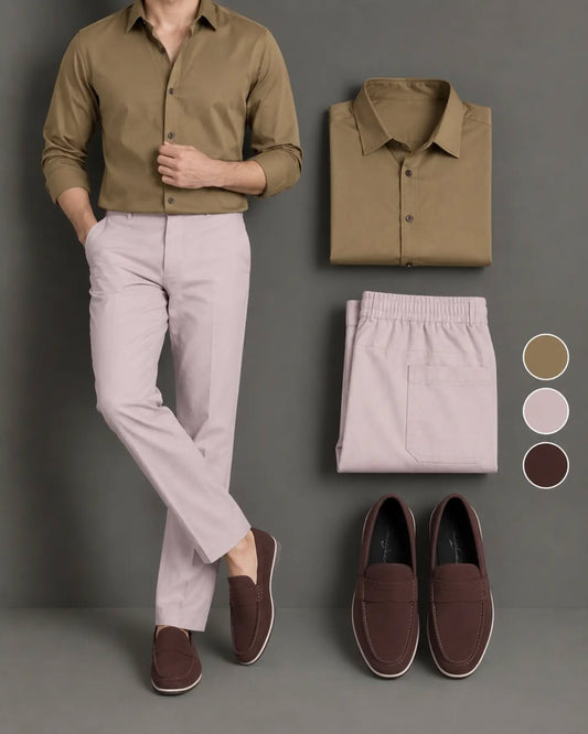 Men's Olive Long Sleeve Button Down Shirt & Light Mauve Trousers 2 Piece Set