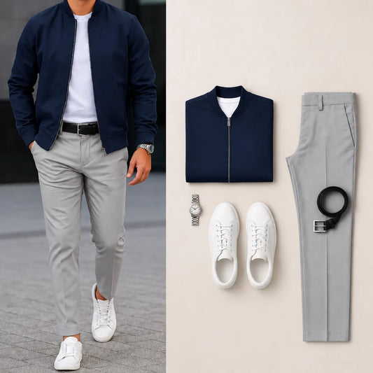 Men’s Full-Zip Bomber Jacket & Straight-Leg Pants  2-Piece Casual Outfit