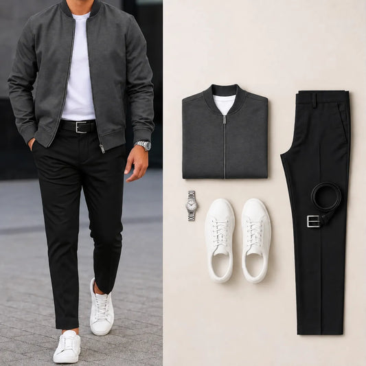 Men’s Full-Zip Bomber Jacket & Straight-Leg Pants  2-Piece Casual Outfit