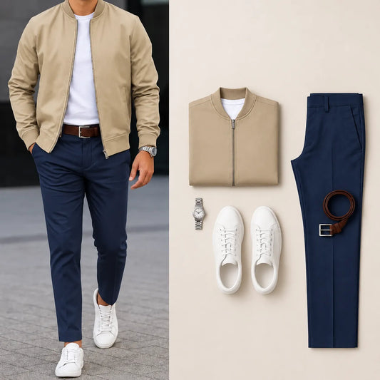 Men’s Full-Zip Bomber Jacket & Straight-Leg Pants  2-Piece Casual Outfit