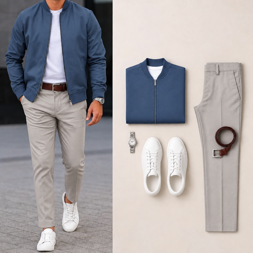 Men’s Full-Zip Bomber Jacket & Straight-Leg Pants  2-Piece Casual Outfit