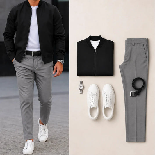 Men’s Full-Zip Bomber Jacket & Straight-Leg Pants  2-Piece Casual Outfit