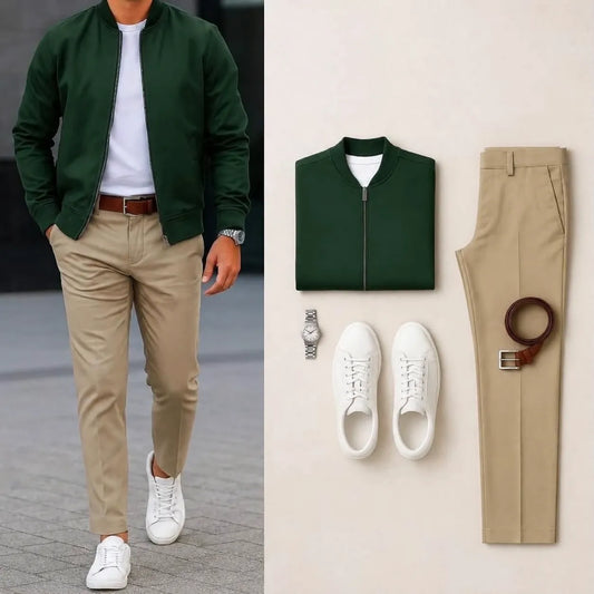 Men’s Full-Zip Bomber Jacket & Straight-Leg Pants  2-Piece Casual Outfit