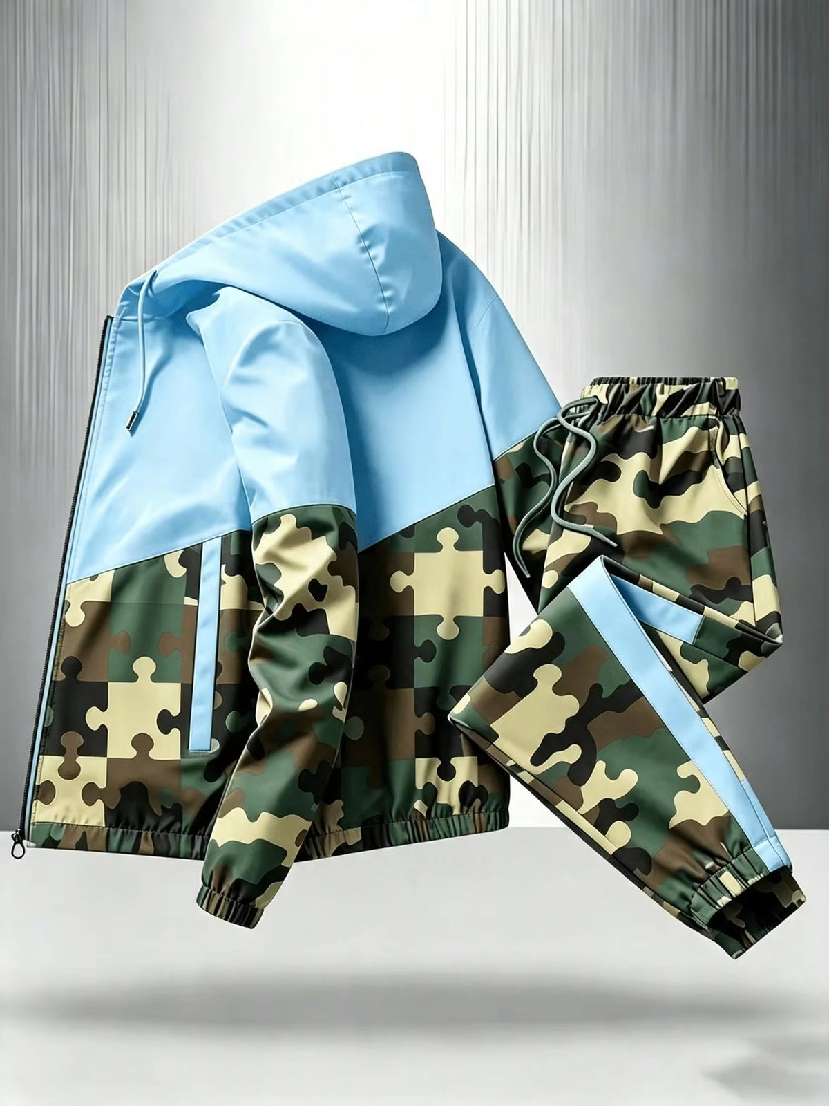 Men's Blue Camo Jacket and Trousers 2 Piece Set