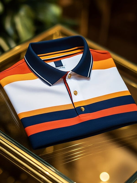 Men's Retro Business Stripe Print Long Sleeve POLO Shirt
