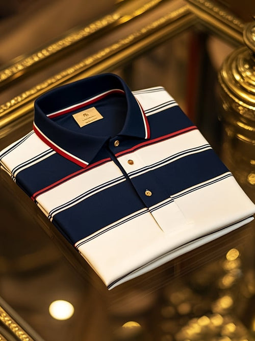 Men's Retro Business Stripe Print Long Sleeve POLO Shirt